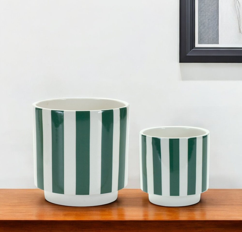 Set of Two Green And White Dolomite Striped 4 Ounce Round Pot Planters