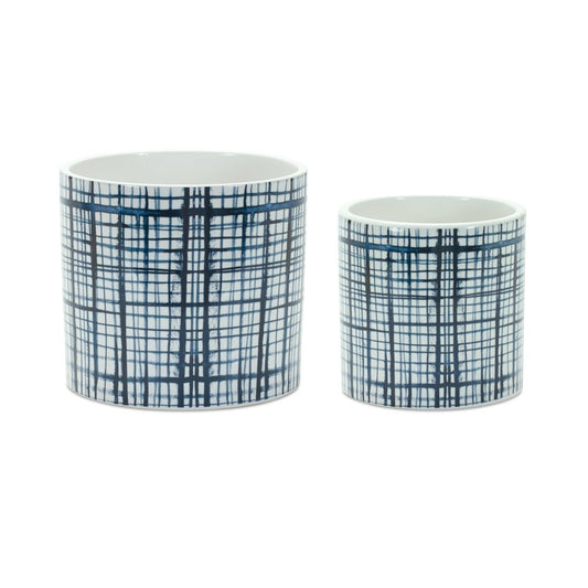 Set of Two White And Blue Ceramic Lattice 2 Ounce Round Pot Planters
