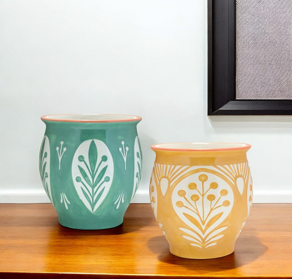 Set of Two 7" Yellow Ceramic Round Pot Planter