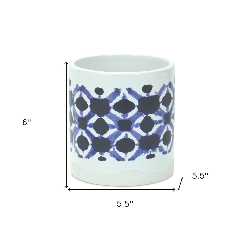 Set of Two White And Blue Ceramic 5 Ounce Geometric Round Pot Planters