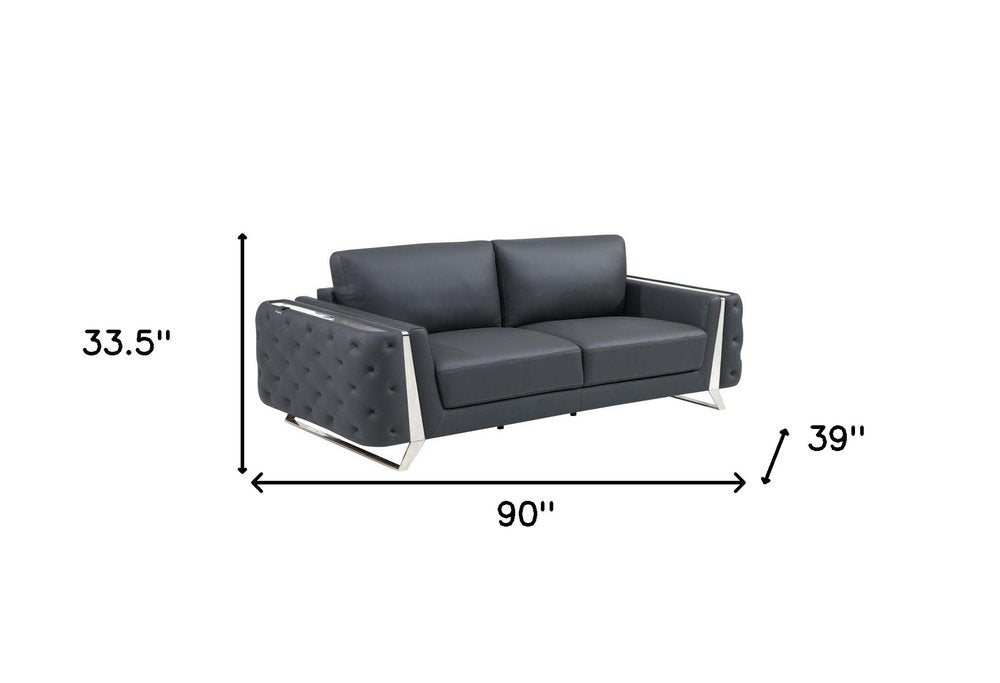 Three Piece Indoor Dark Gray Italian Leather Six Person Seating Set