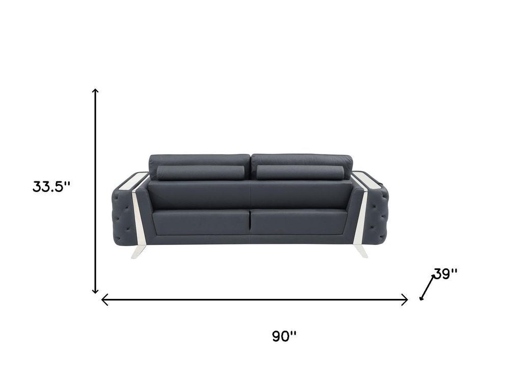 Two Piece Indoor Dark Gray Italian Leather Five Person Seating Set