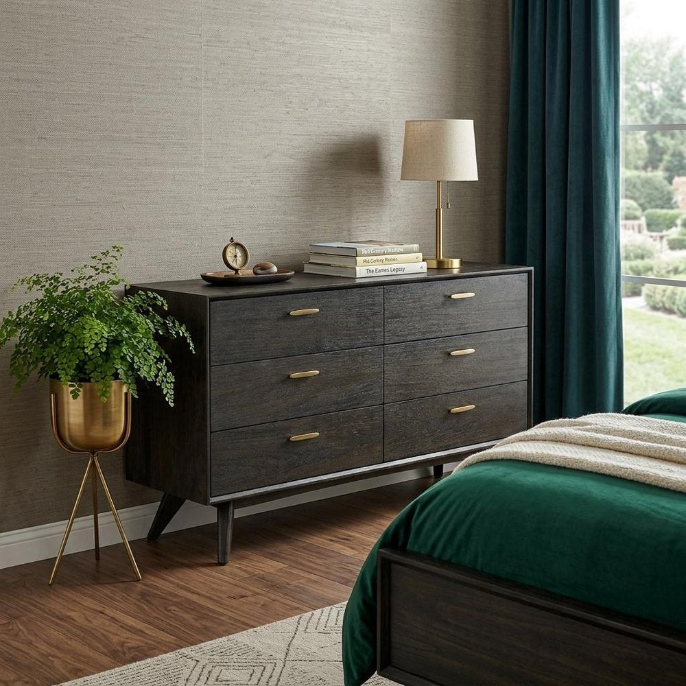 63" Dark Brown Solid Wood Six Drawer Dresser