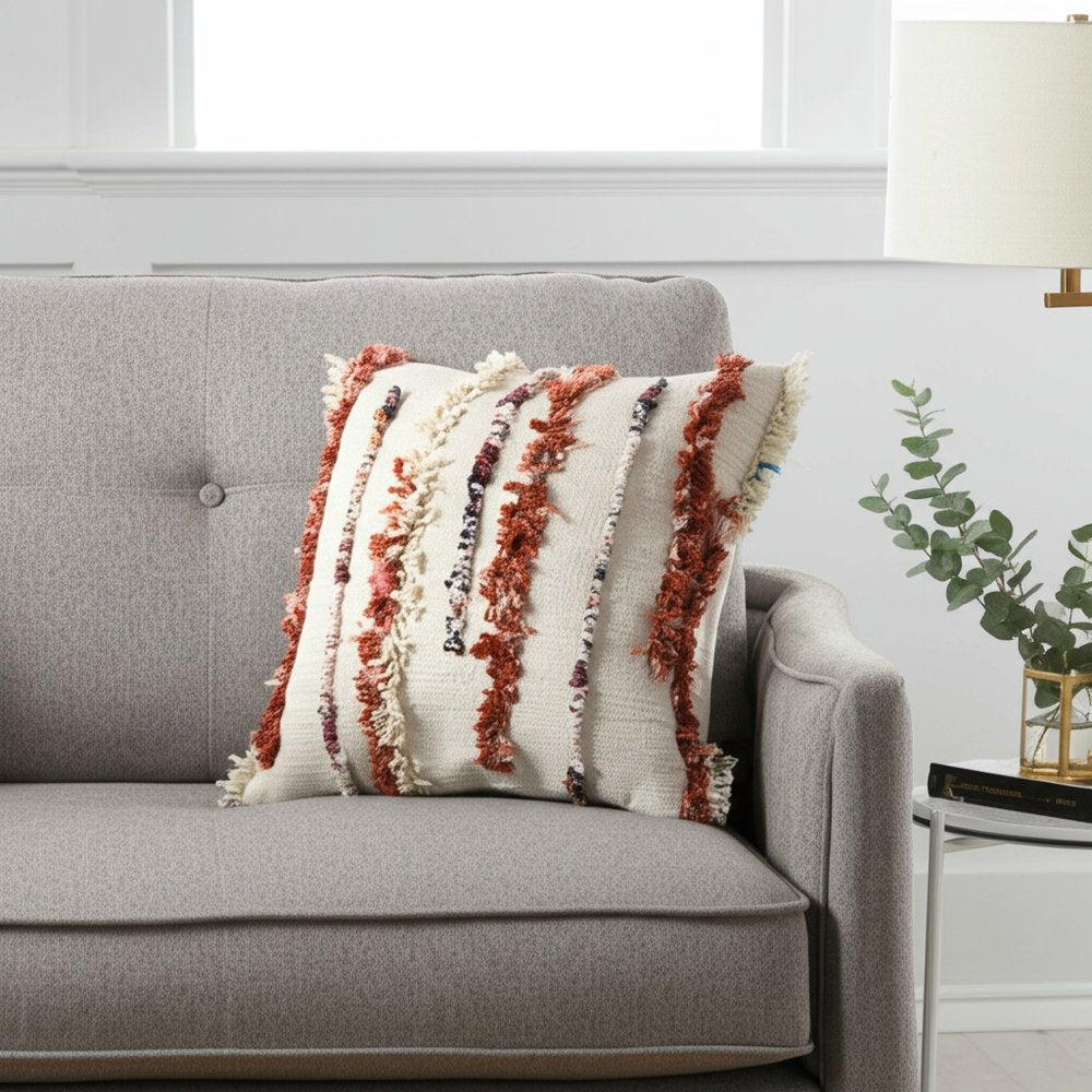 20" Ivory Rust And Black Wool Striped Throw Pillow