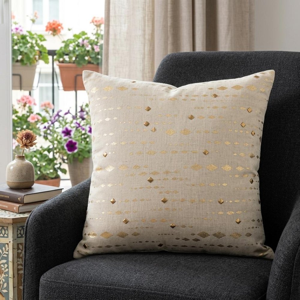 20" Gold and Ivory Cotton Pillow With Beads Edges