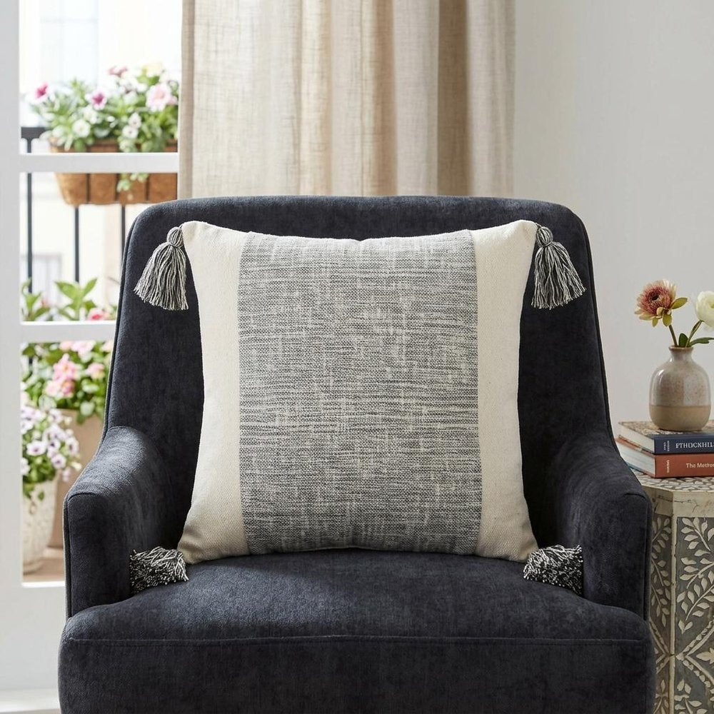 20" Gray and Ivory Cotton Pillow With Tassels Edges