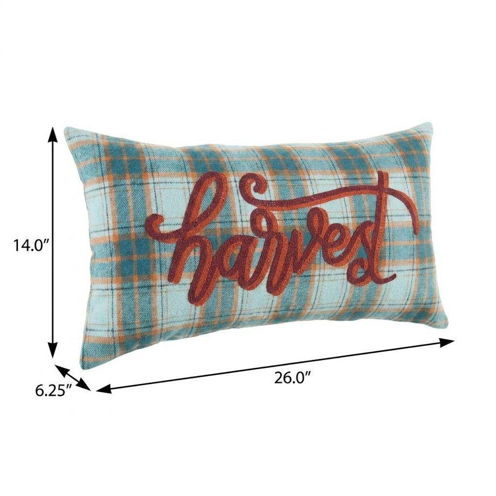 14" X 26" Blue And Orange Harvest Plaid Wool Blend Lumbar Throw Pillow with Embroidery