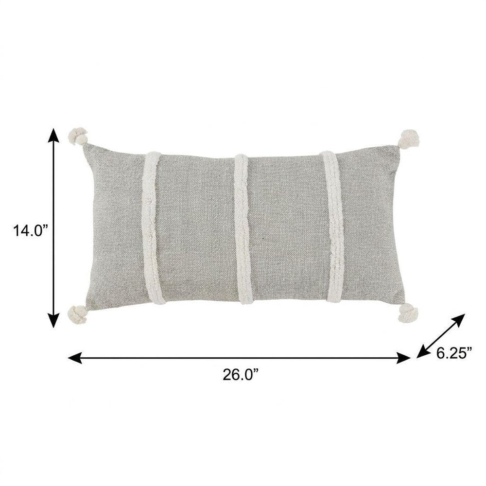 14" X 26" Gray And White Lumbar Weave Cotton Throw Pillow with Tassels