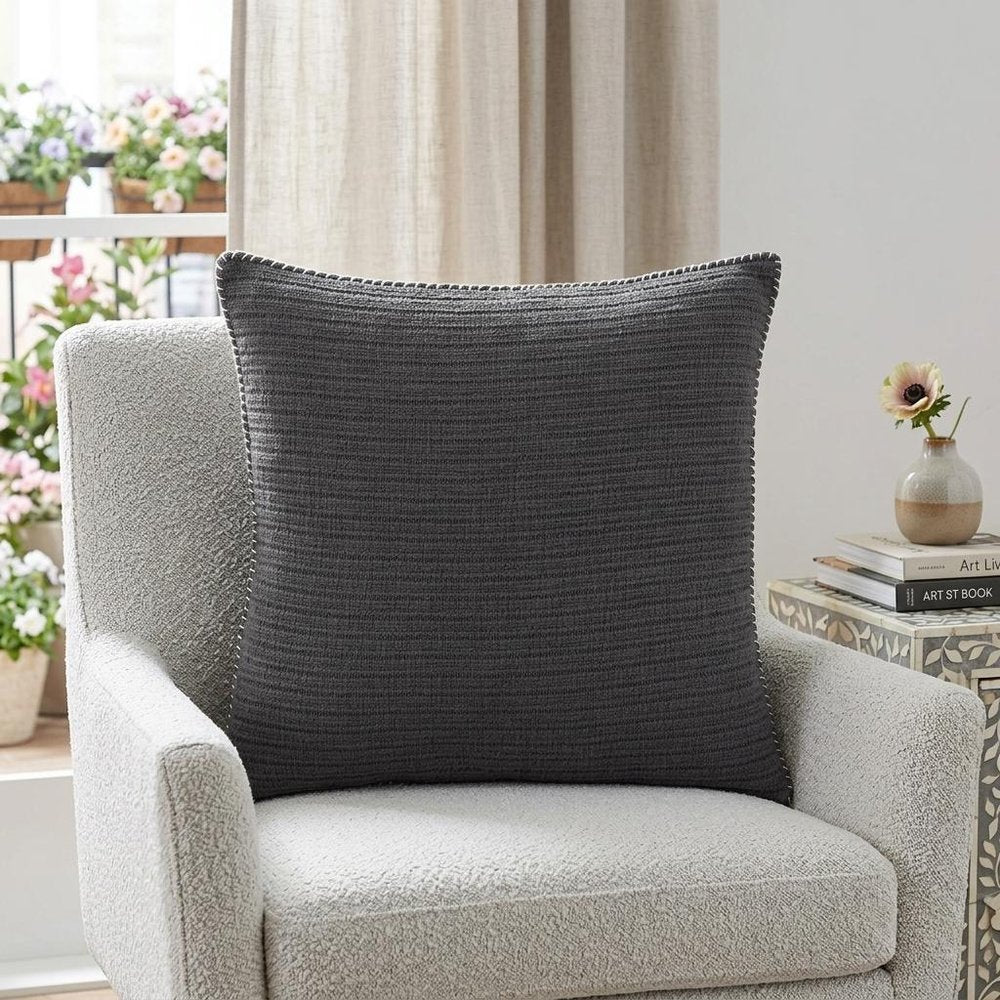 22" Charcoal Striped Cotton Throw Pillow