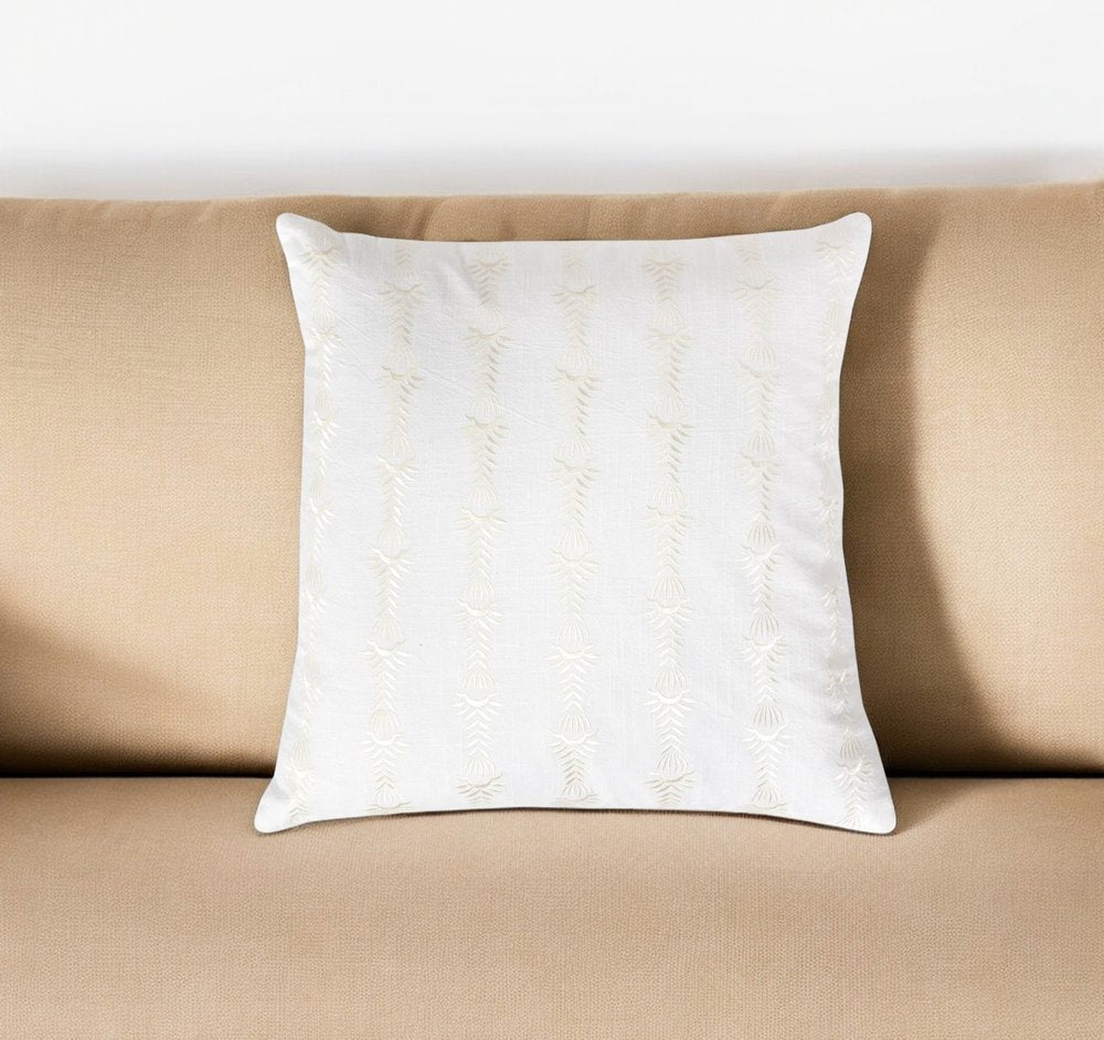 20" White Cotton Throw Pillow With Embroidery