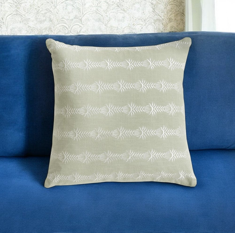 20" Green and White Cotton Throw Pillow With Embroidery