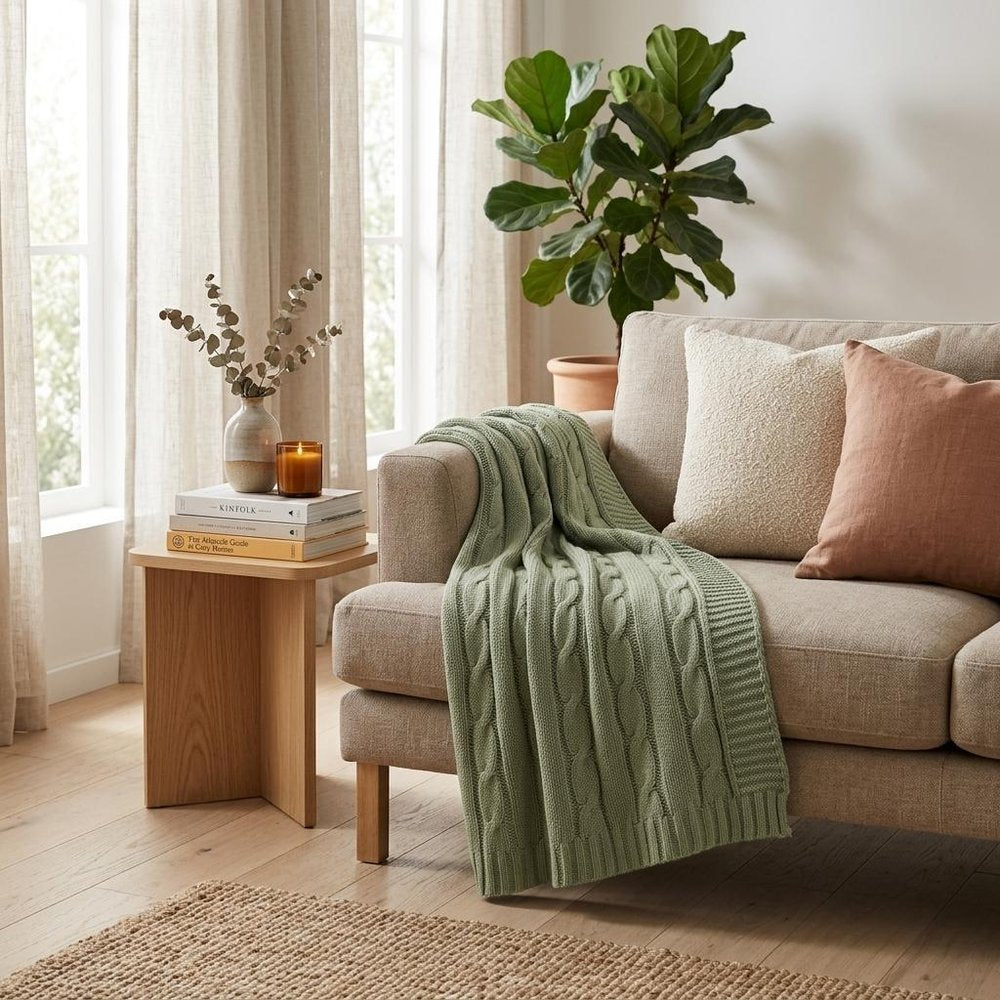 50" X 60" Olive Green Cotton Knitted Striped Throw Blanket