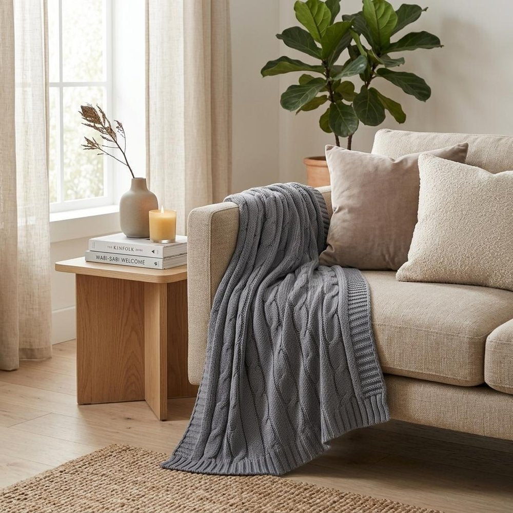 Light Gray Knitted 100% Cotton Throw Blanket