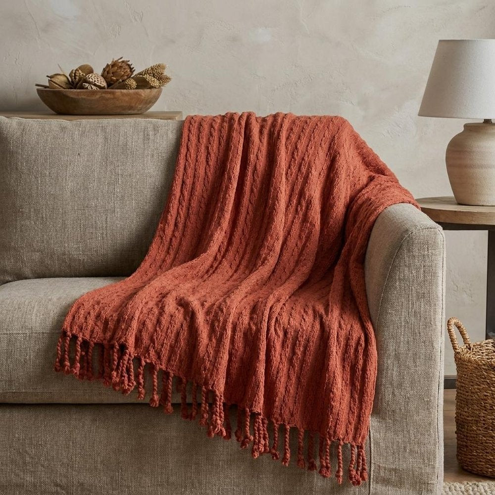 50" X 60" Burnt Orange Cotton Knitted Striped Throw Blanket with Tassels