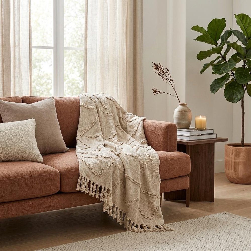 50" X 60" Natural Cotton Woven Floral Throw Blanket with Tassels and Fringe