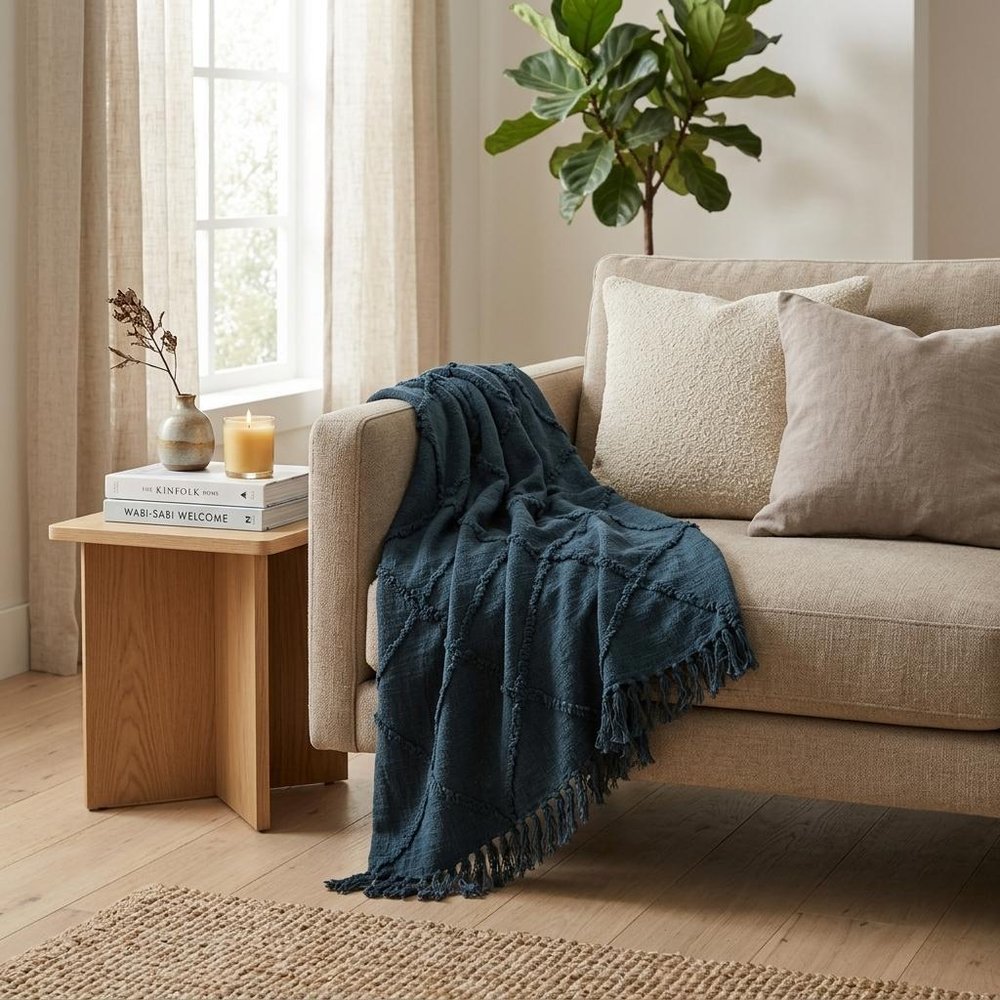 Teal Blue Woven 100% Woven Textured Cotton Throw Blanket