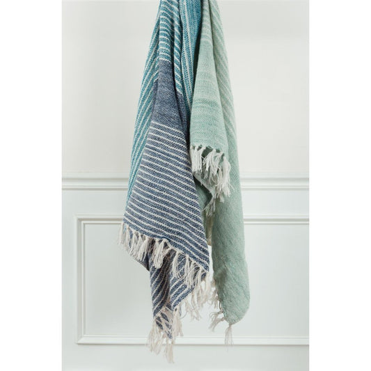 50" X 60" Aqua Blue Teal And Ivory Recycled PET Woven Stripe Throw Blanket with Tassels