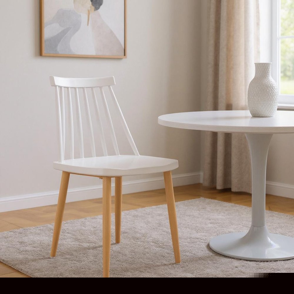 White And Natural Metal and Plastic Windsor Back Dining Side Chair