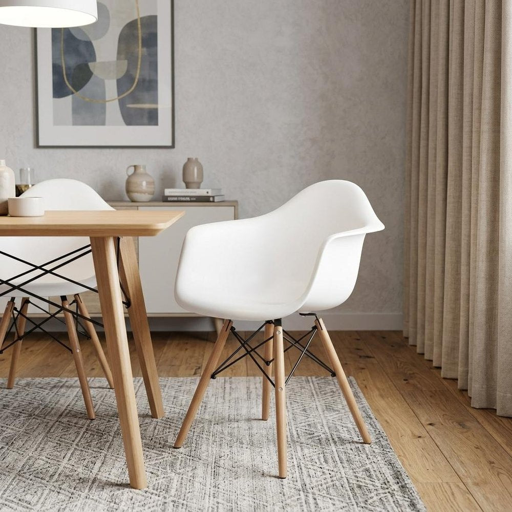 White And Natural Heavy Duty Plastic And Solid Wood Dining Arm Chair