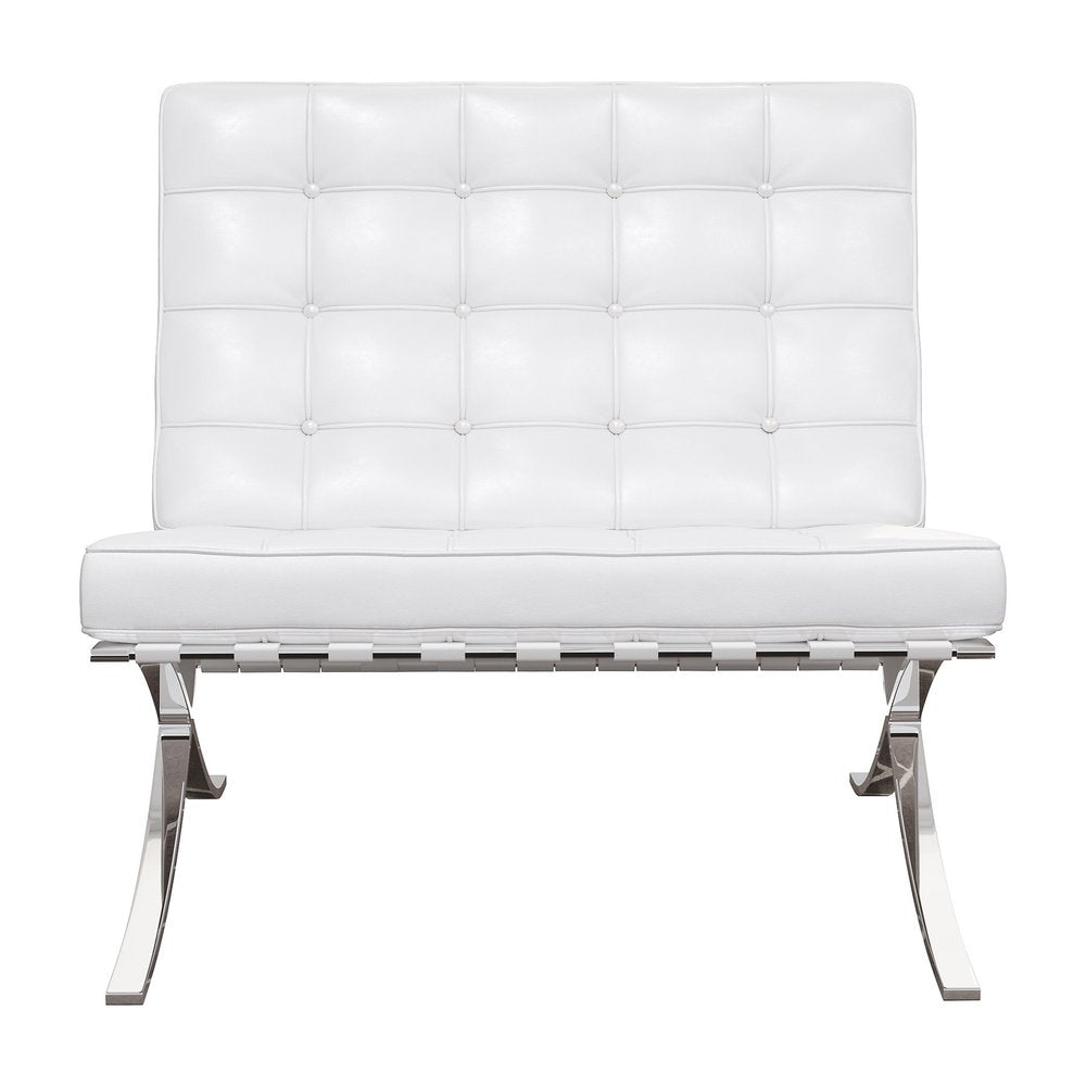 32" White and Silver Italian Leather Tufted Lounge Chair
