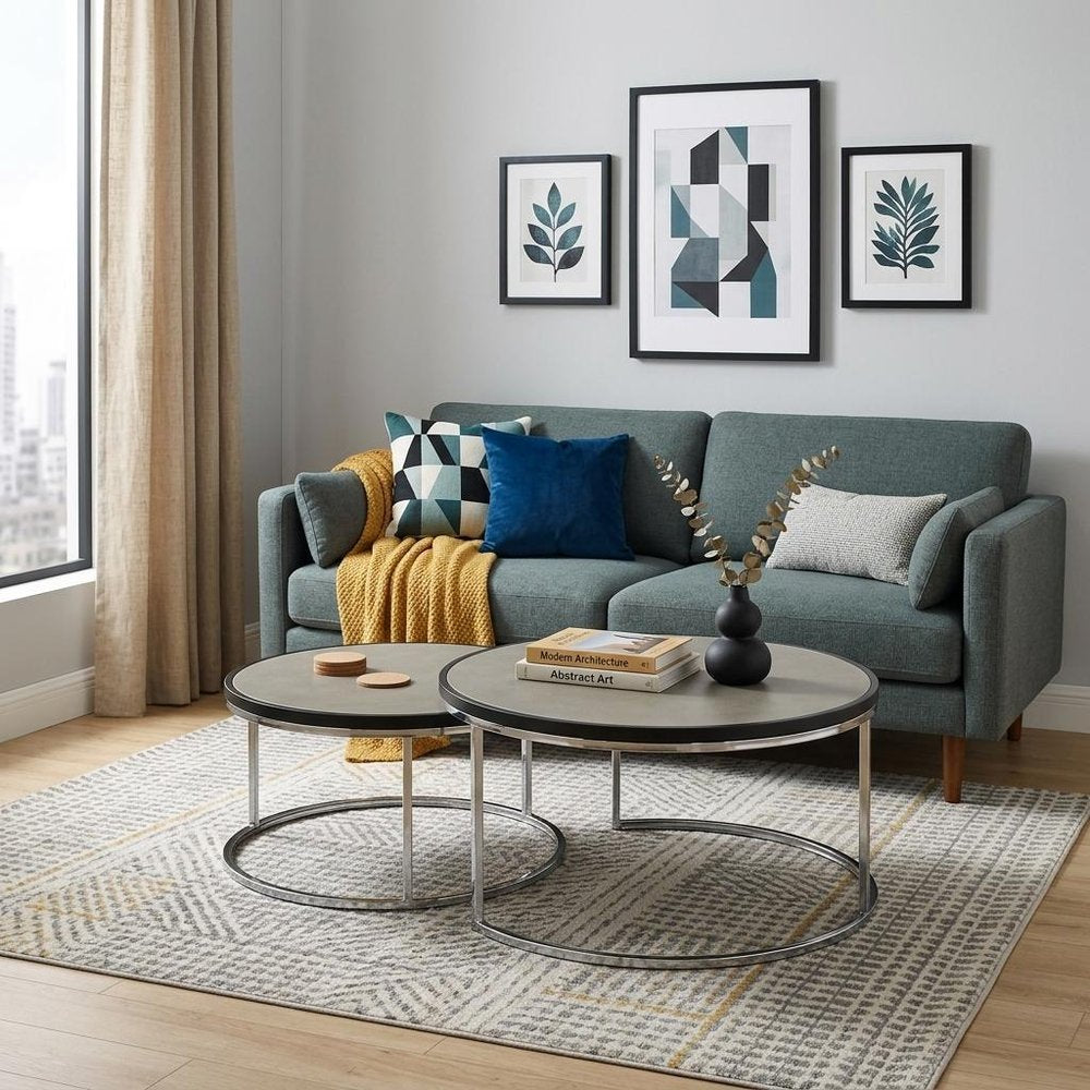 Set of Two 32" Gray And Black Concrete And Metal Round Nested Coffee Tables