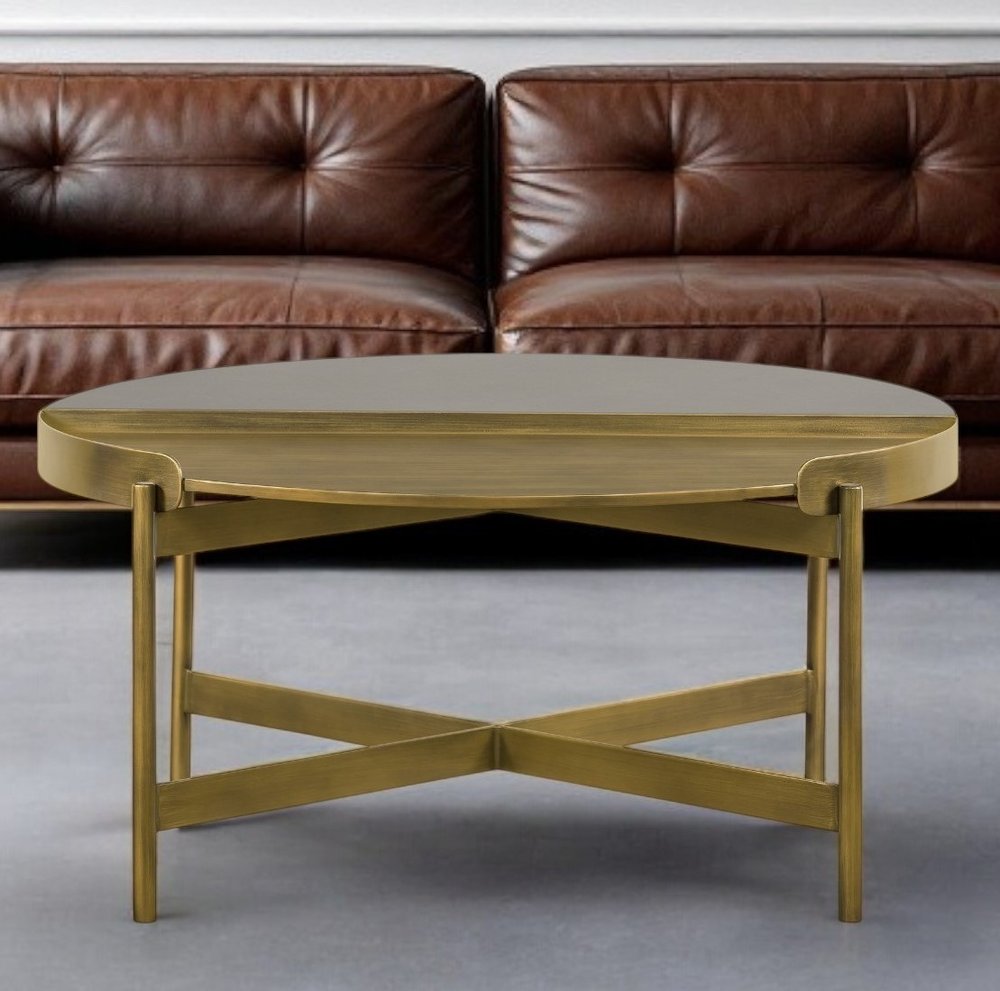 32" Gray And Brass Concrete And Metal Round Coffee Table