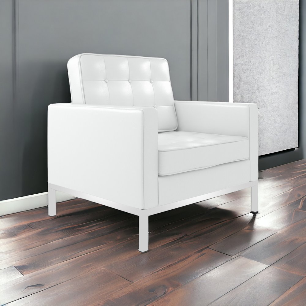 31" White and Silver Italian Leather Tufted Club Chair