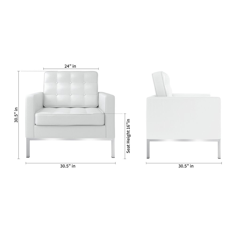 31" White and Silver Italian Leather Tufted Club Chair