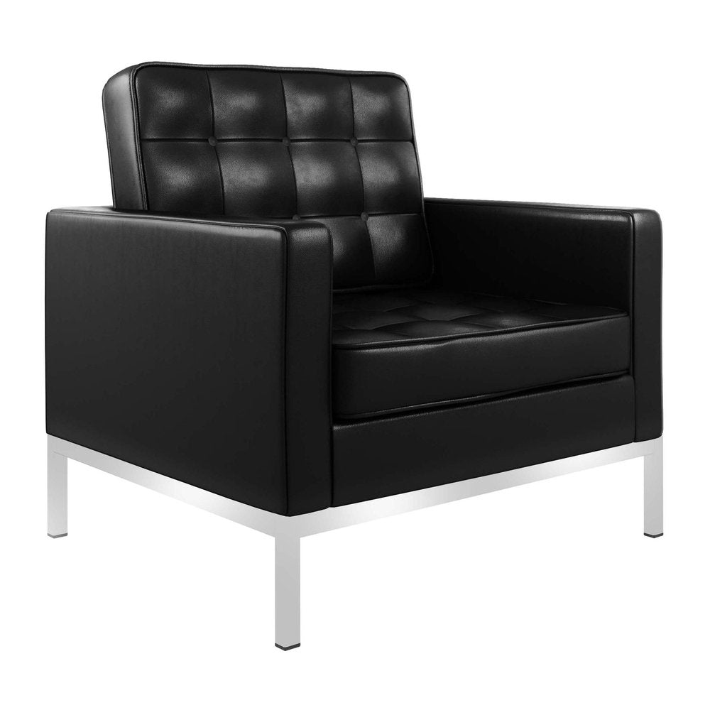 31" Black and Silver Italian Leather Tufted Club Chair