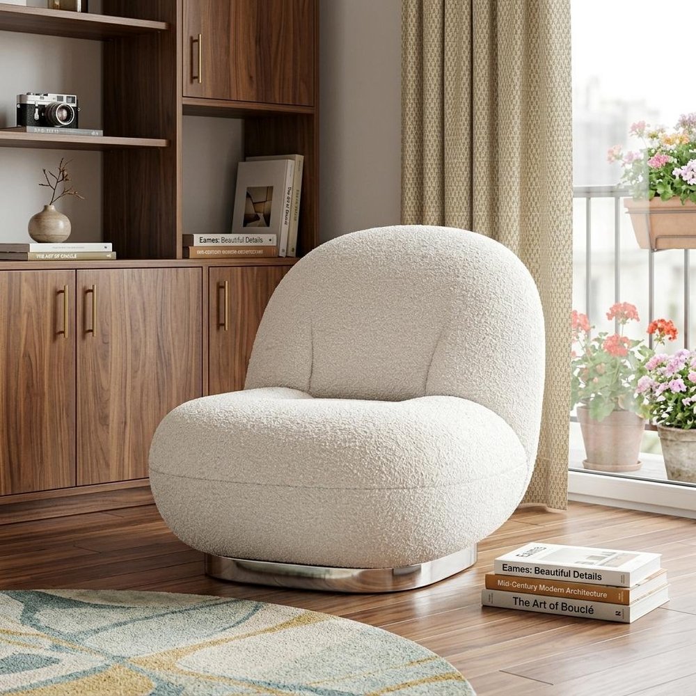 30" White and Silver Boucle Slipper Chair
