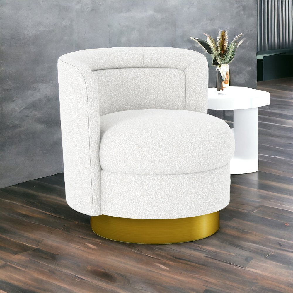 28" White and Gold Boucle Swivel Barrel Chair