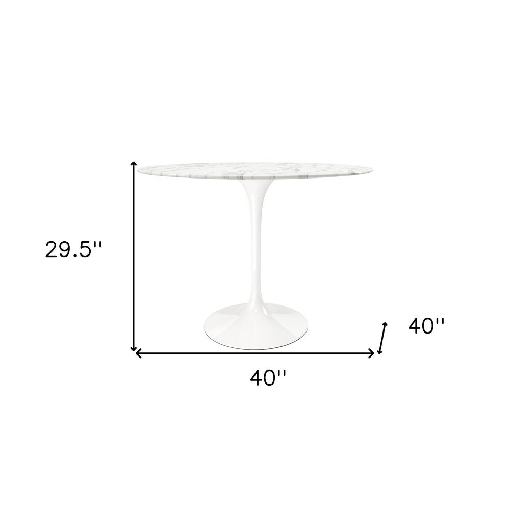 40" White Marble And Aluminum Pedestal Base Round Top Dining Table