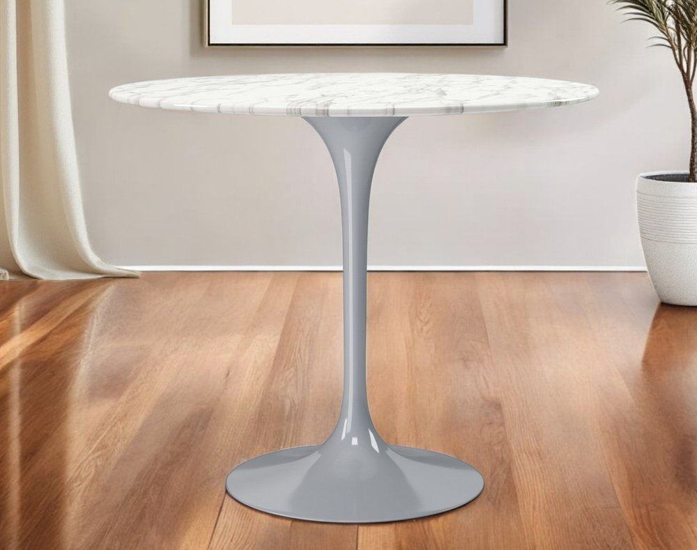 32" White And Gray Rounded Stone And Metal Pedestal Base Dining Table