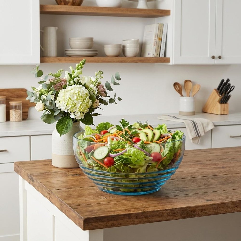 10" Clear and Blue Swirl Acrylic Round Salad Bowl