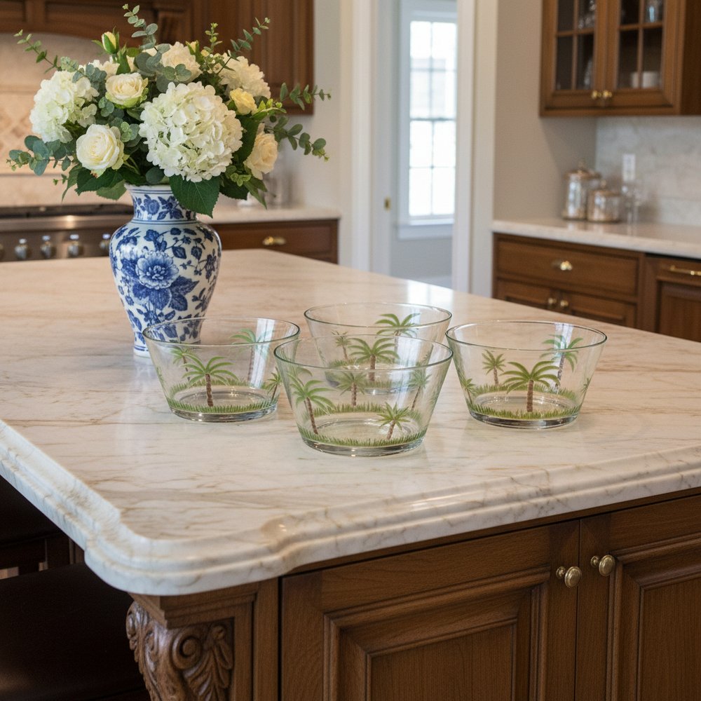 Clear and Green Four Piece Palm Tree Acrylic Service For Four Bowl Set