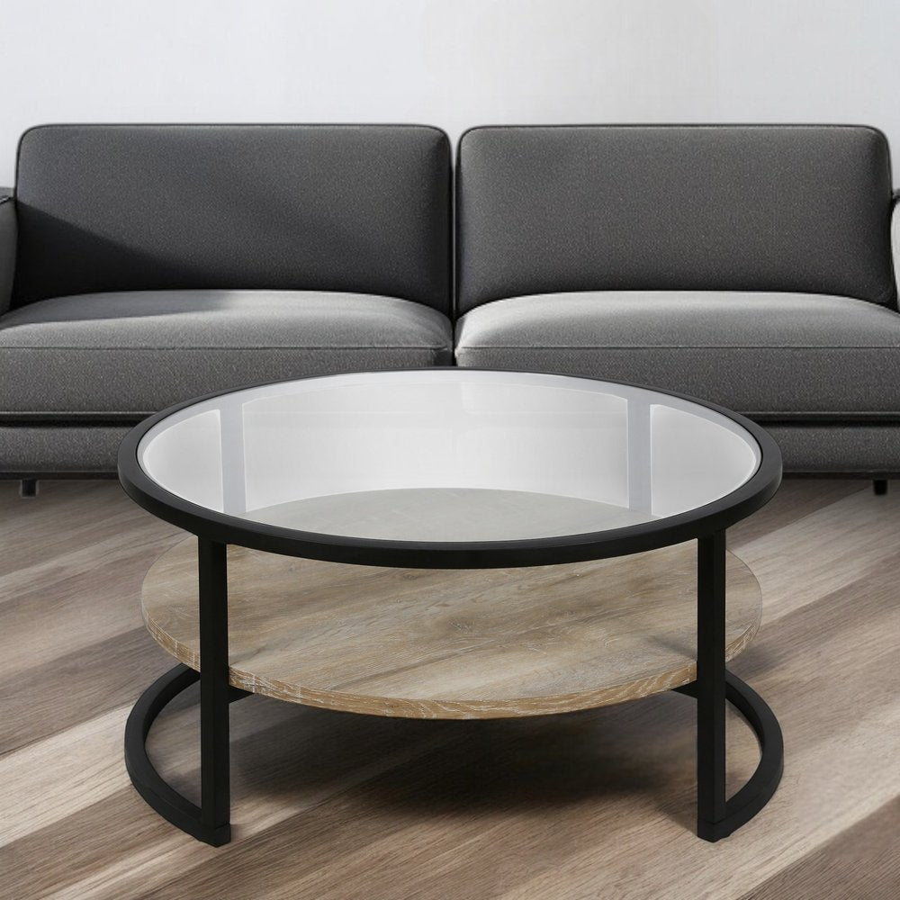 34" Black Glass And Steel Round Coffee Table With Shelf