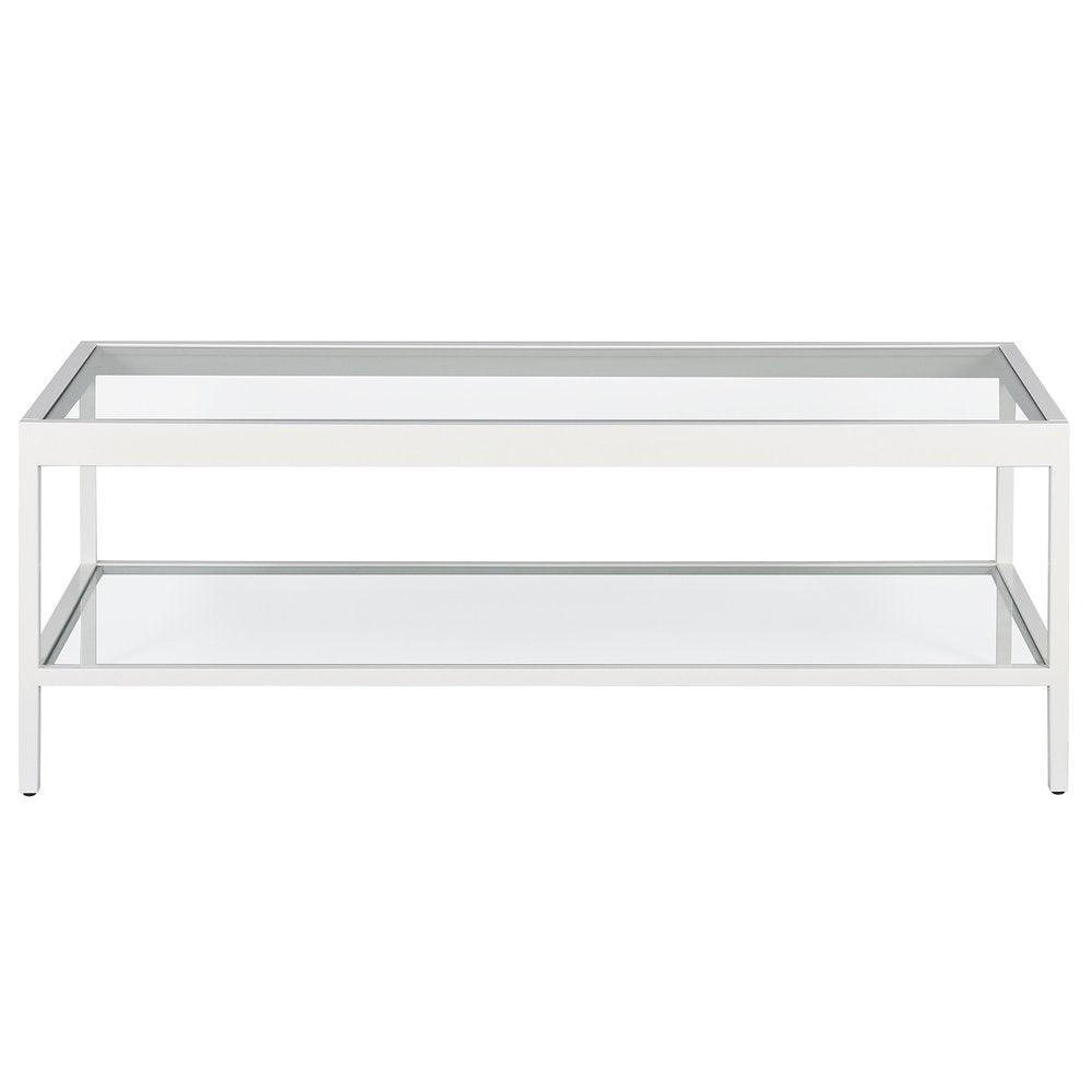 45" Clear Glass And White Steel Coffee Table With Shelf