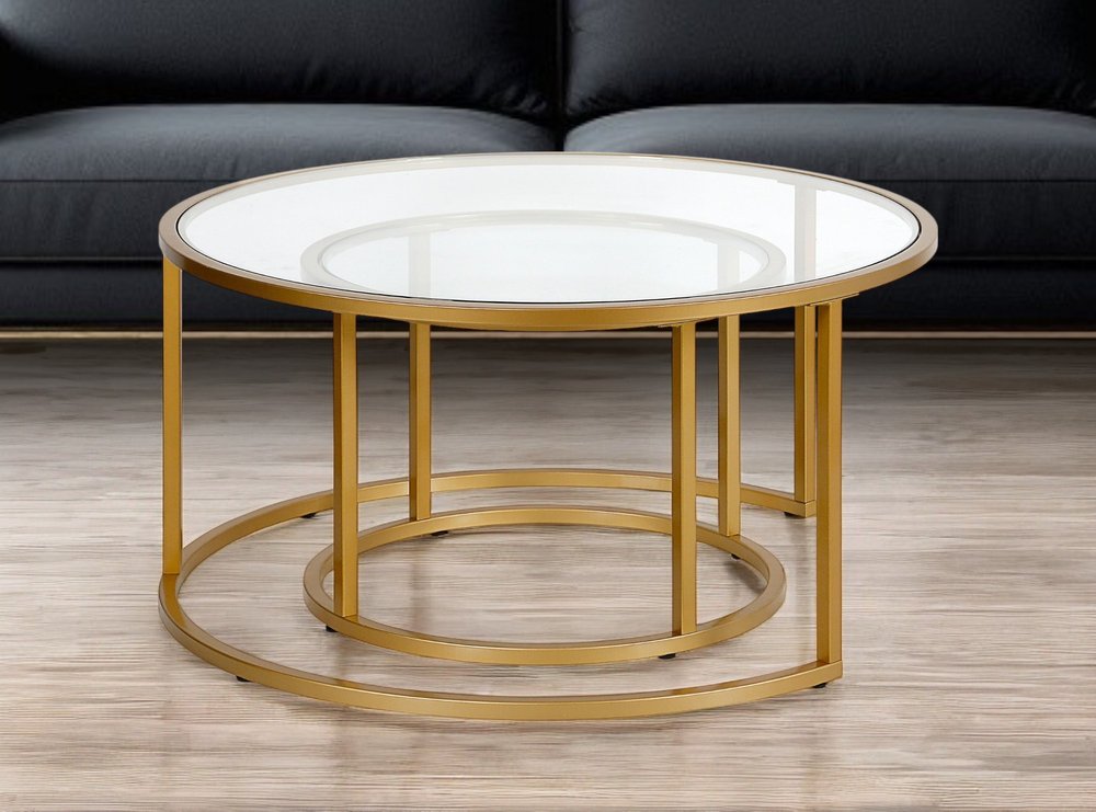 Set of Two 35" Gold Glass And Steel Round Nested Coffee Tables