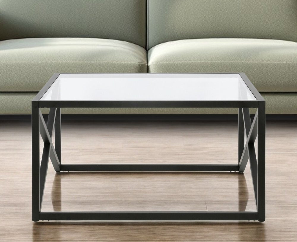 32" Black Glass And Steel Square Coffee Table