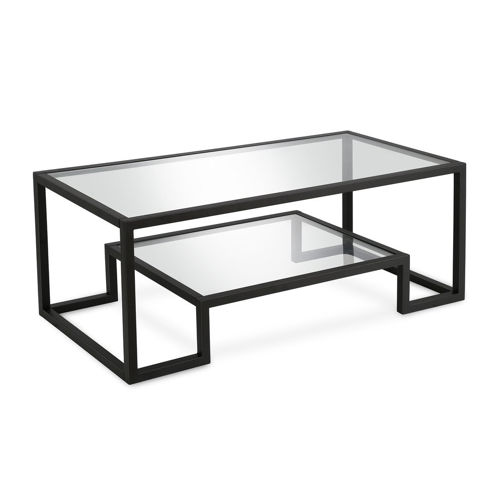 45" Clear And Black Glass And Steel Sled Coffee Table With Shelf