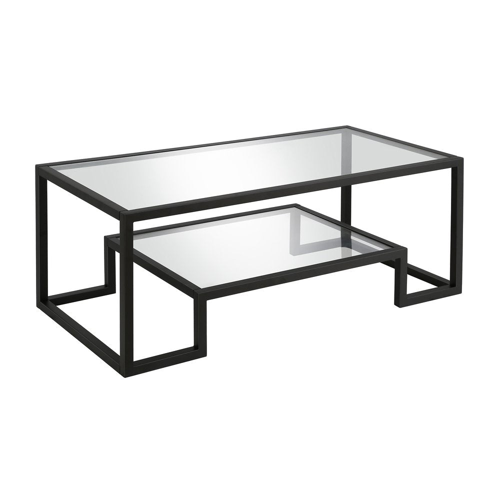 45" Clear And Black Glass And Steel Sled Coffee Table With Shelf