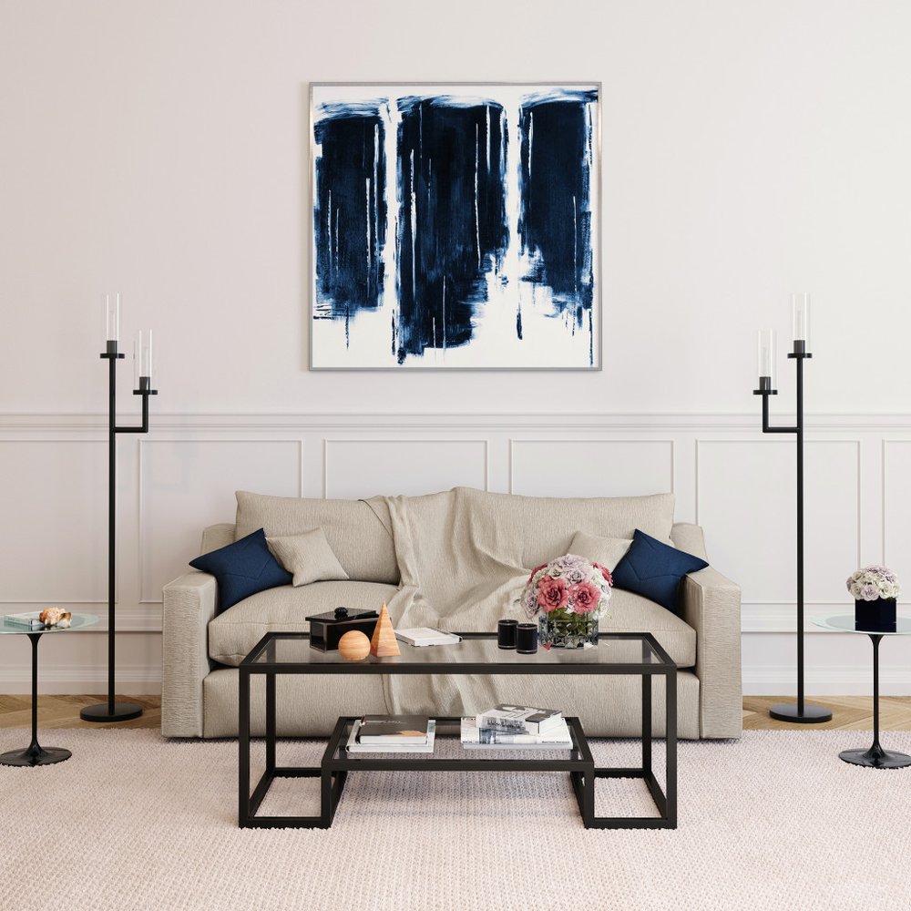45" Clear And Black Glass And Steel Sled Coffee Table With Shelf