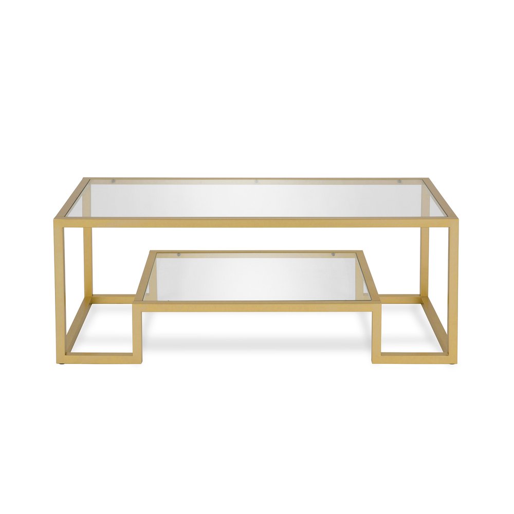 45" Clear And Gold Glass And Steel Sled Coffee Table With Shelf