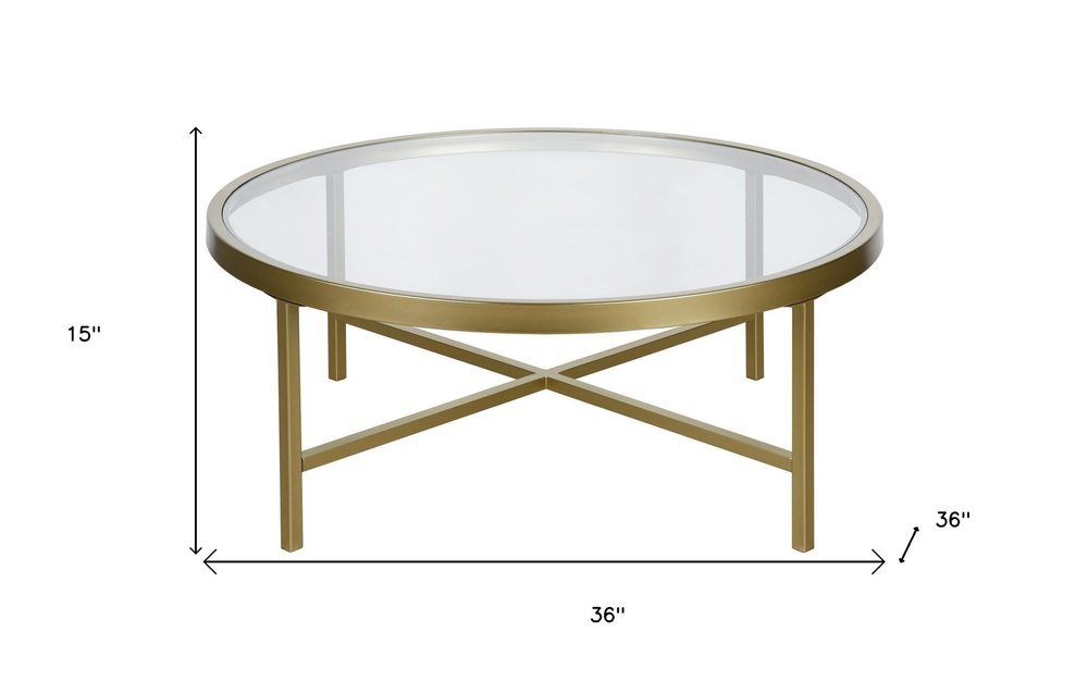 36" Gold Glass And Steel Round Coffee Table