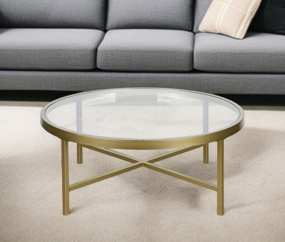 36" Gold Glass And Steel Round Coffee Table