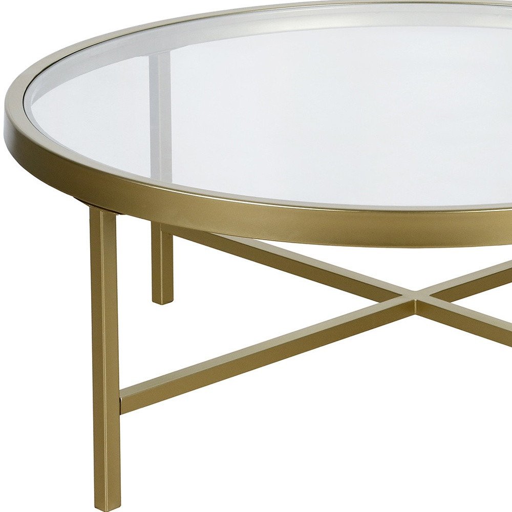 36" Gold Glass And Steel Round Coffee Table