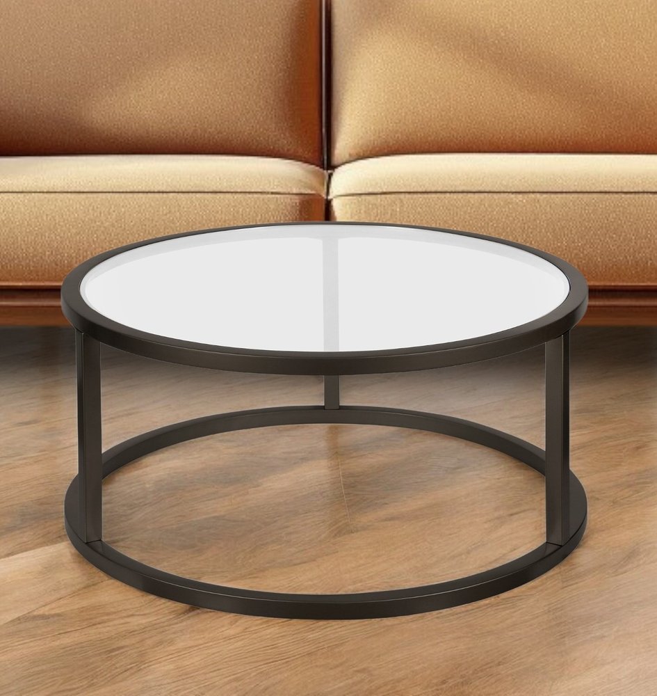35" Black Glass And Steel Round Coffee Table