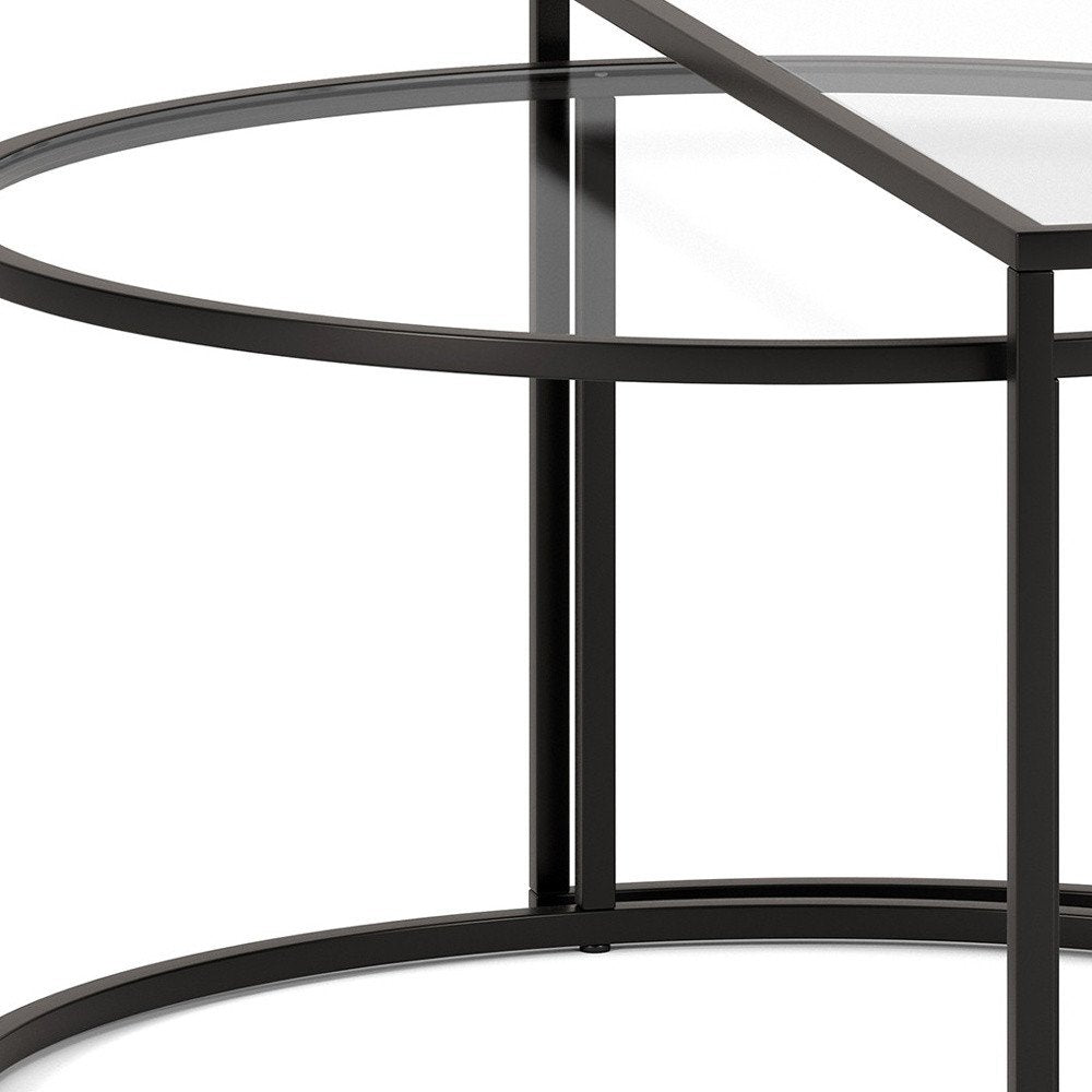 Set of Two Black Glass And Steel Half Circle Frame Nested Coffee Tables