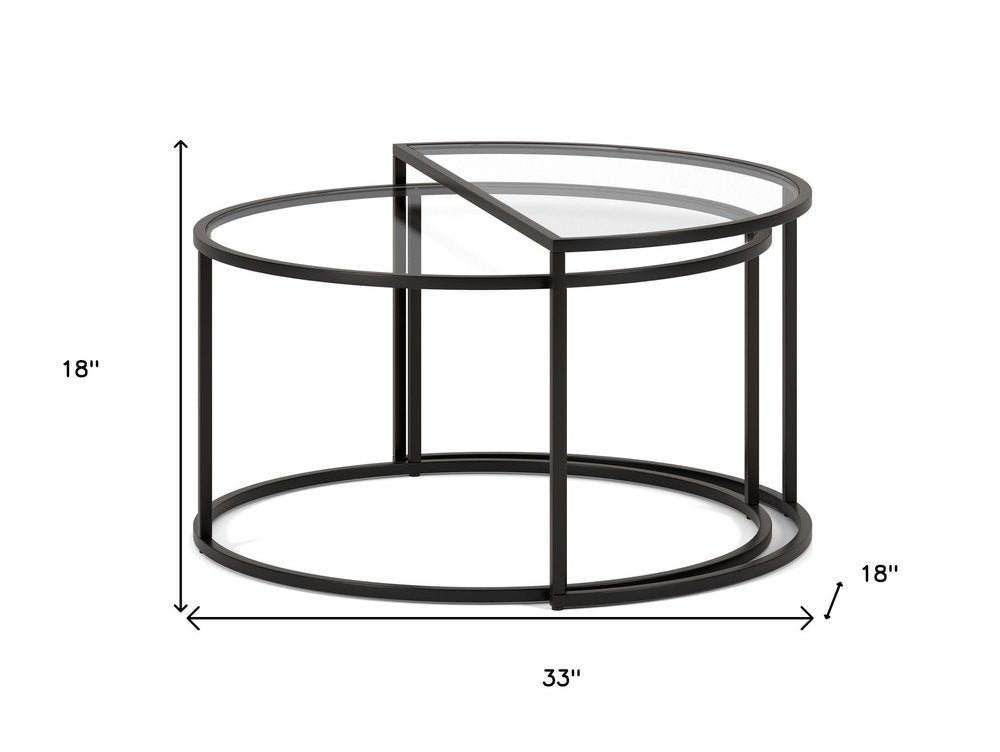 Set of Two Black Glass And Steel Half Circle Frame Nested Coffee Tables