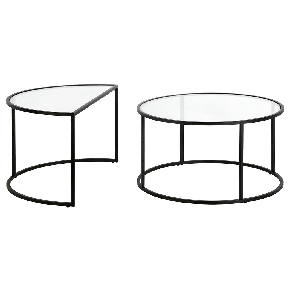Set of Two Black Glass And Steel Half Circle Frame Nested Coffee Tables